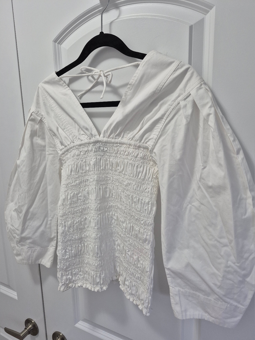 GANNI Cotton Poplin Smocked Top, US 0, White - Picture 9 of 10